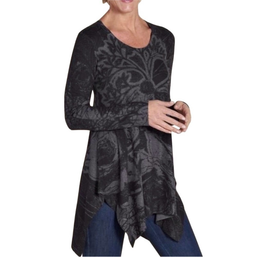 Lovely Soft Surroundings Charcoal Floral Handkerchief Hem Tunic. Small/Medium